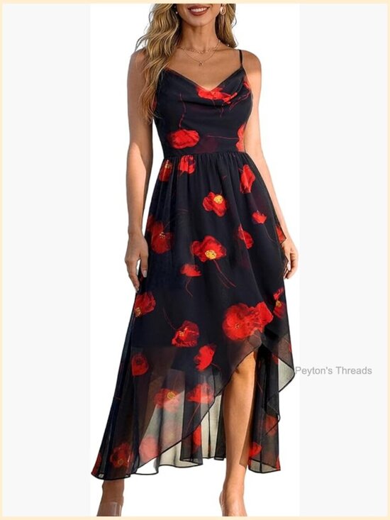 Dresses & Skirts - Floral Midi Dress Spaghetti Strap Cowl Neck A-Line Smocked Back Wedding Guest